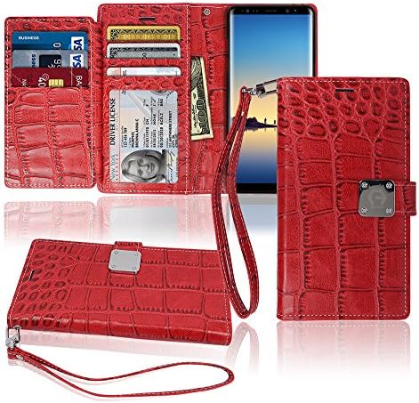 Note8 Wallet Case, Matt [ 8 Pockets ] 7 ID / Credit Card 1 Cash Slot, Power Magnetic Clip With Wrist Strap For Samsung Galaxy Note 8 Leather Cover Flip Diary (Red)