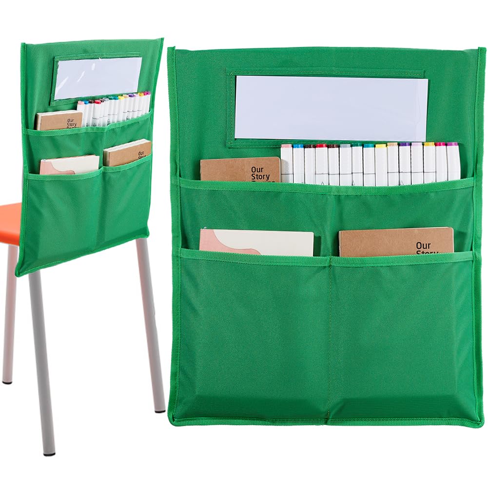 CRASPIRE Chair Buddy Storage Pocket 19 x 16.5in Chair Back Organizer Chart Green with Name Tag Label Slot Students Seat Chairback Multiple Pockets for School Home Classroom Preschool Daycare Supplies