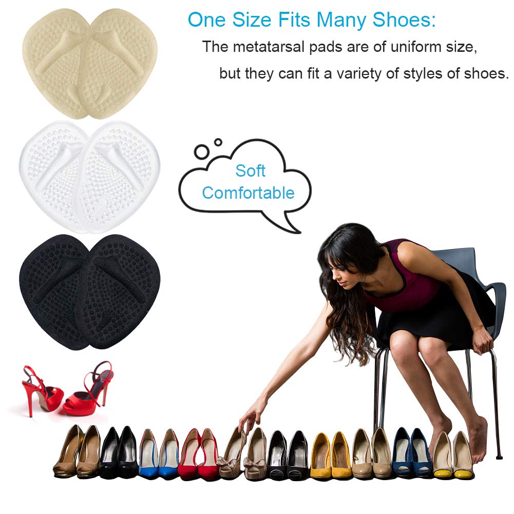 Premium Metatarsal Pads Ball of Foot Cushions Inserts for High Heels, 3 Pairs Reusable Comfort Forefoot Pads for Women Shoe to Rapid Pain Relief (Beige, Clear, Black)