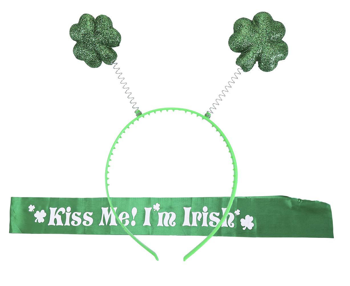 Topfunyy St. Patrick's Day Irish Shamrock Headband and Kiss Me I'm Irish Sash for St. Patrick's Day Party Supplies