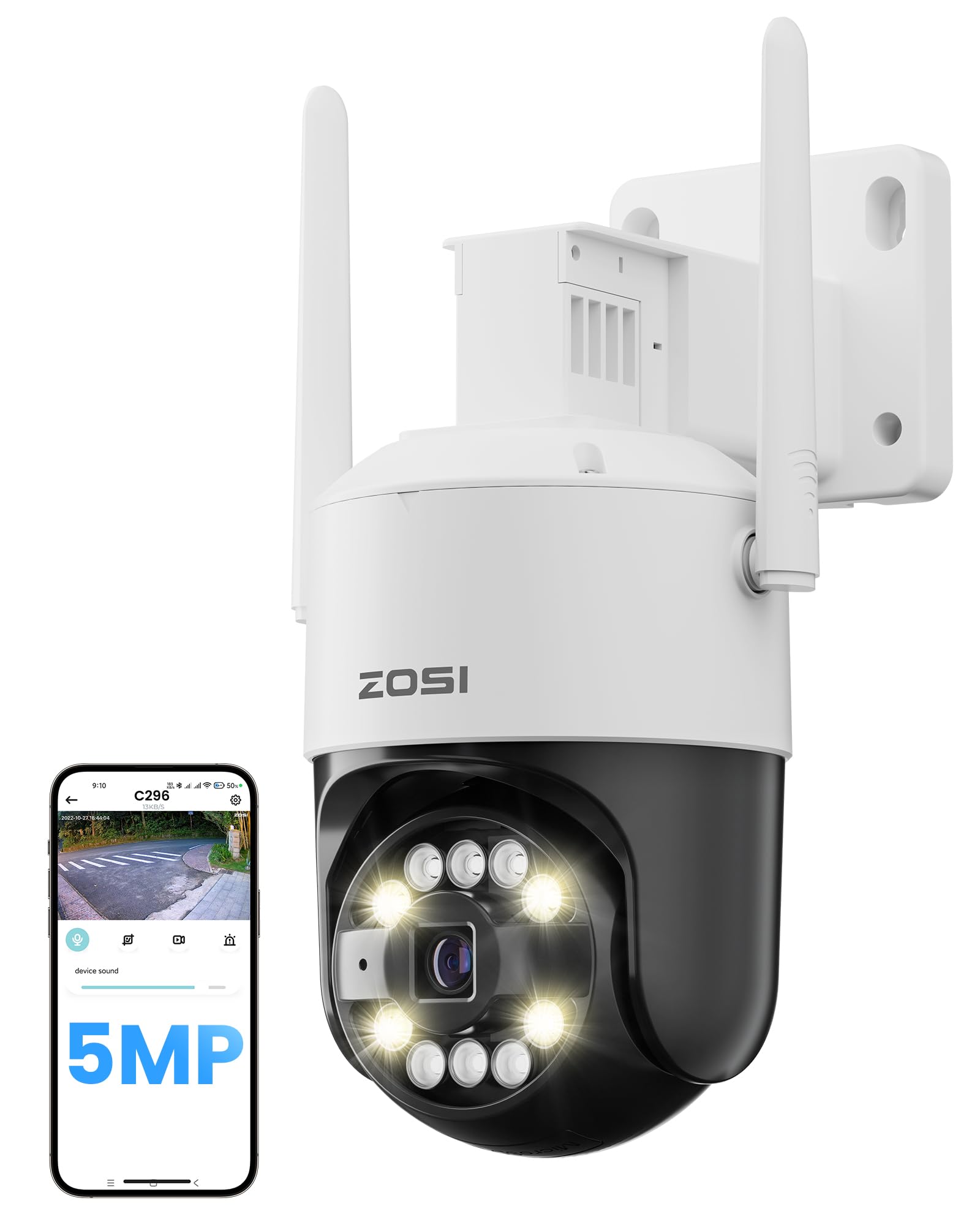 ZOSI 5MP 3K Wi-Fi 6 Wireless Security CCTV Camera Outdoor, PT WiFi Camera with 24/7 Recording, Person Vehicle Detection, Spotlight Siren, Color Night Vision, Cloud & Local Storage, Work with Alexa