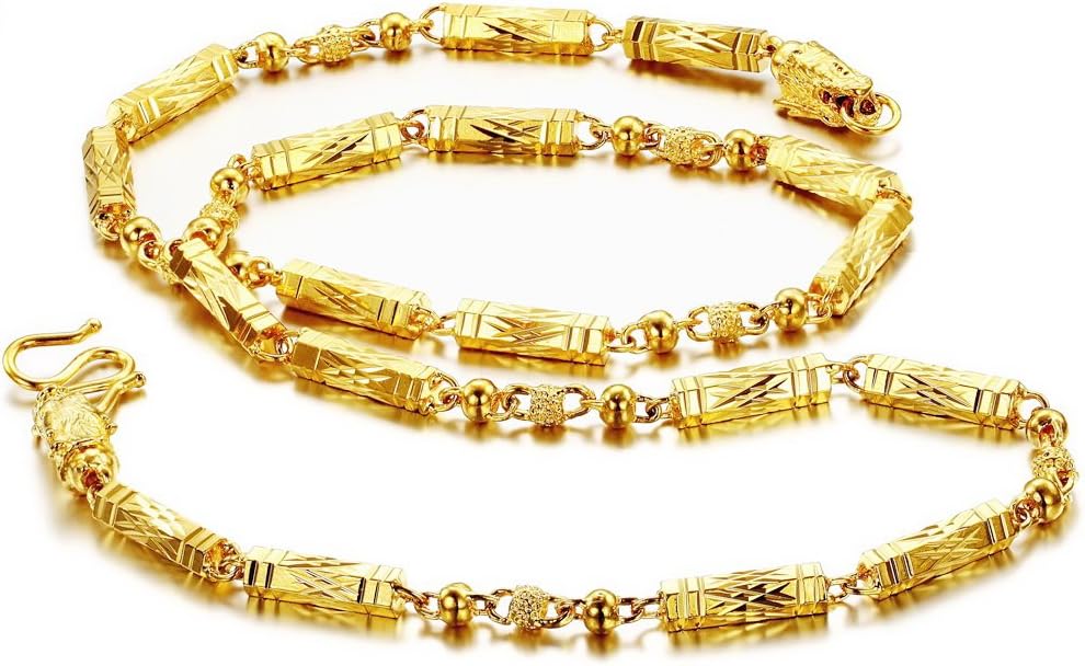 OPK Jewelry 18K Yellow Gold Plated Carved Pattern Cylinder Beads Link Necklace Chain 21.26"
