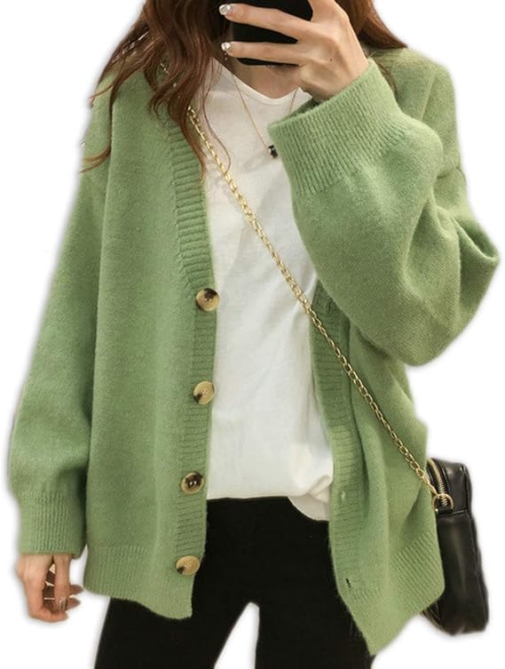 Amazon ミケディ ニット カーディガン シンプル ゆったり セーター もっちり生地 レディース グリーン カーディガン ボレロ 通販