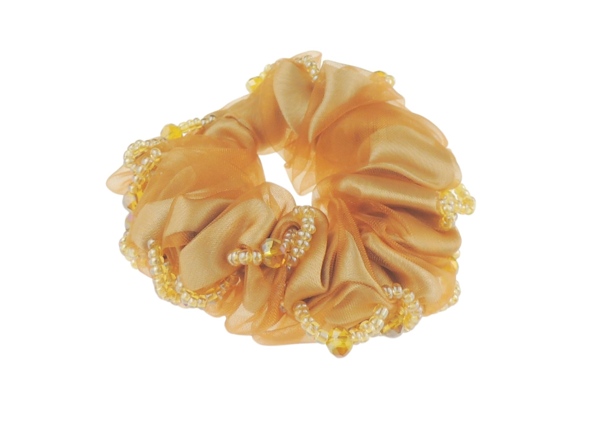 Womens Girls Chiffon Beaded Floral Fabric Scrunchie Christmas Birthday Bridal Wedding Party Ponio Hair Tie Up Back Elastic Accessories Bobbles Ponytail Holder Rubber Bands (No Flower Gold)