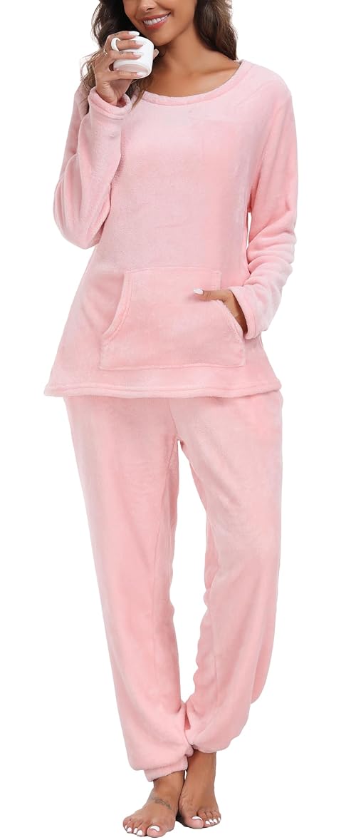 Lovasy Fleece Pyjamas for Women Ladies Fluffy Fleece Pyjamas Winter Warm Fluffy Pjs for Women Sets with Pockets,Pink,M