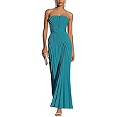 Cudiew Strapless Satin Wedding Guest Dresses Pleated A Line Long Formal Evening Cocktail Dress for Women