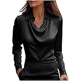 Womens Satin Cowl Neck Shirts Long Sleeve Office Blouse Dressy Drape Ruched Business Casual Work Elegant Tops