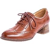 Mona flying Womens Leather Med Chunky Heel Wingtip Brogue Lace-up Dress Oxford Pumps Office Work Heel Shoes for Ladies
