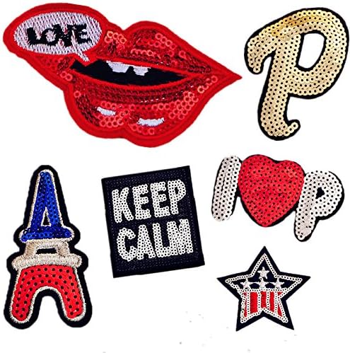 10PCS Mouth Letter Embroidered Sequins Beads Patches Appliques Eiffel Tower Patch Stick on