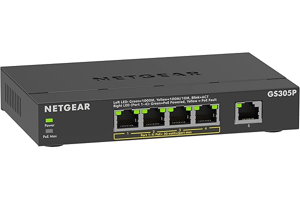 NETGEAR 5-Port Gigabit PoE Switch (GS305P) - Unmanaged Essentials Switch with 4 x PoE+ Ports @ 63W, Desktop or Wall Mount