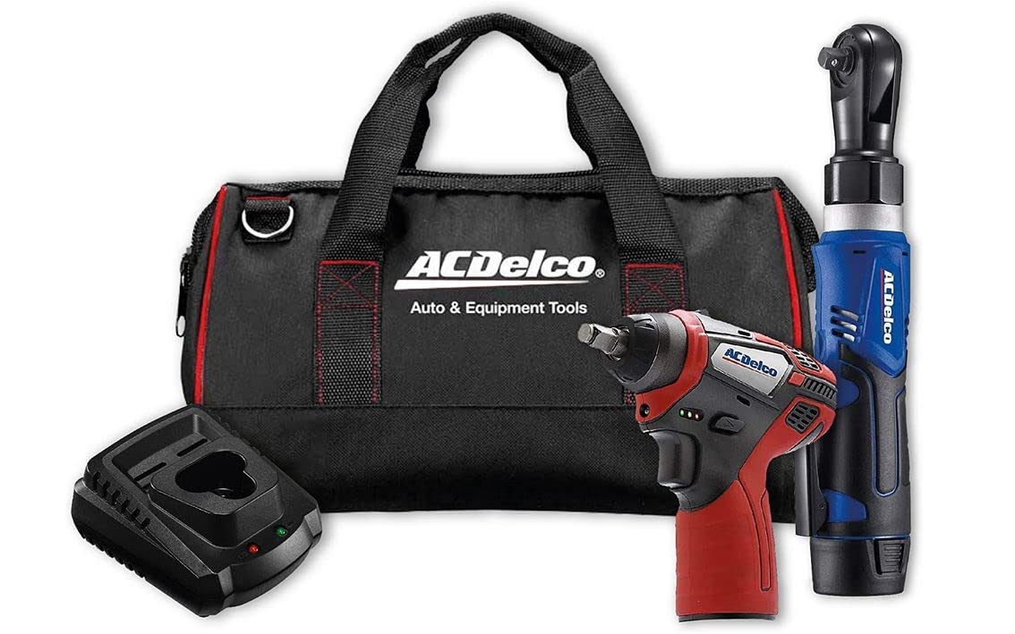 ACDelco ARW1209-K14 G12 Lithium-Ion 12V (10.8V) Electric 3/8” Cordless Ratchet Wrench & 3/8" Impact Wrench Set Power Tool Combo Kit | Tool Set Includes x1 Battery Pack, Charger & Canvas Bag