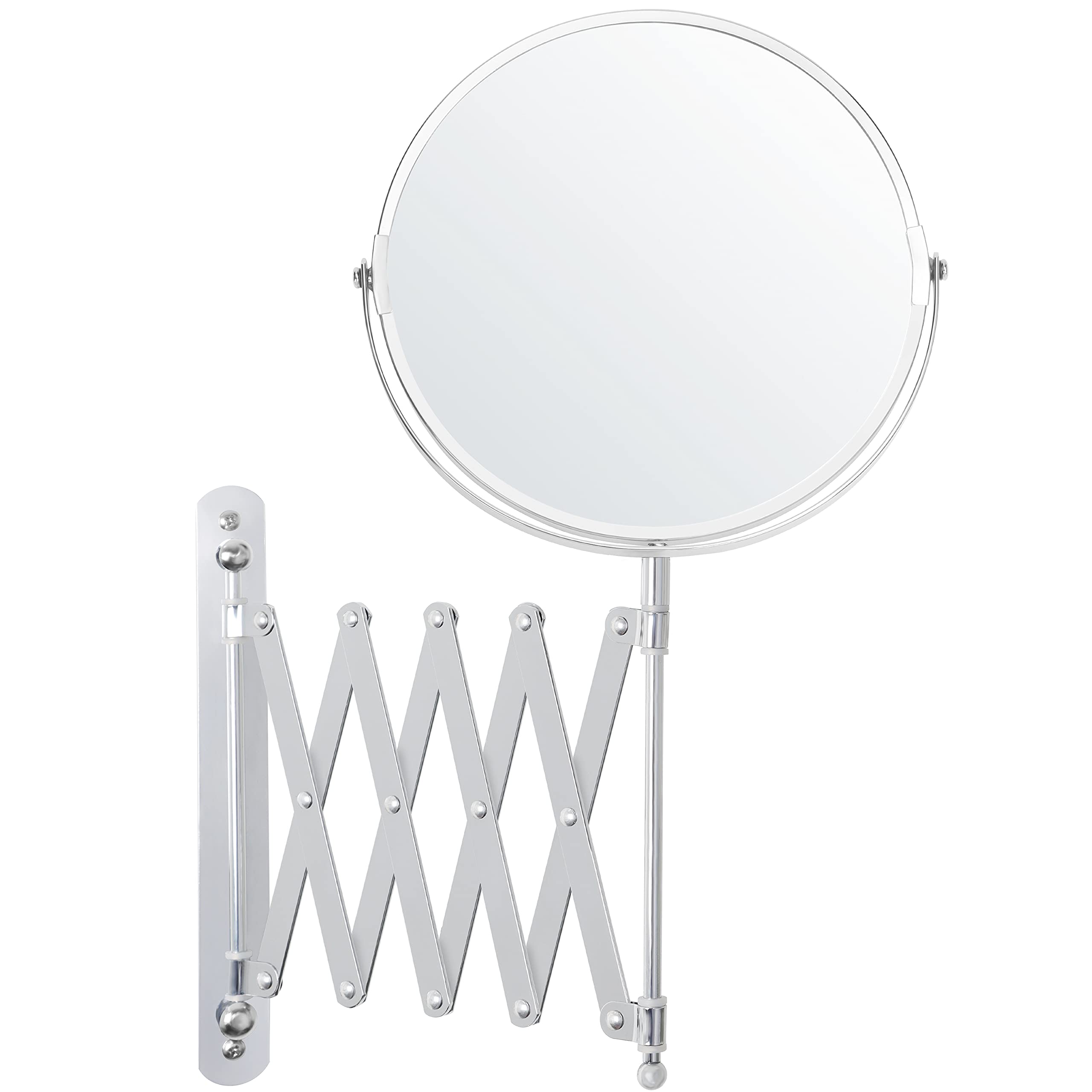 BELLE VOUS Chrome Wall Mounted Extendable 360° Swivel Mirror - 3X Magnification - 22 x 21.7cm/8.66 x 8.54 inches - Double-Sided Rotating Stainless Steel Bathroom Vanity Mirror for Makeup and Shaving
