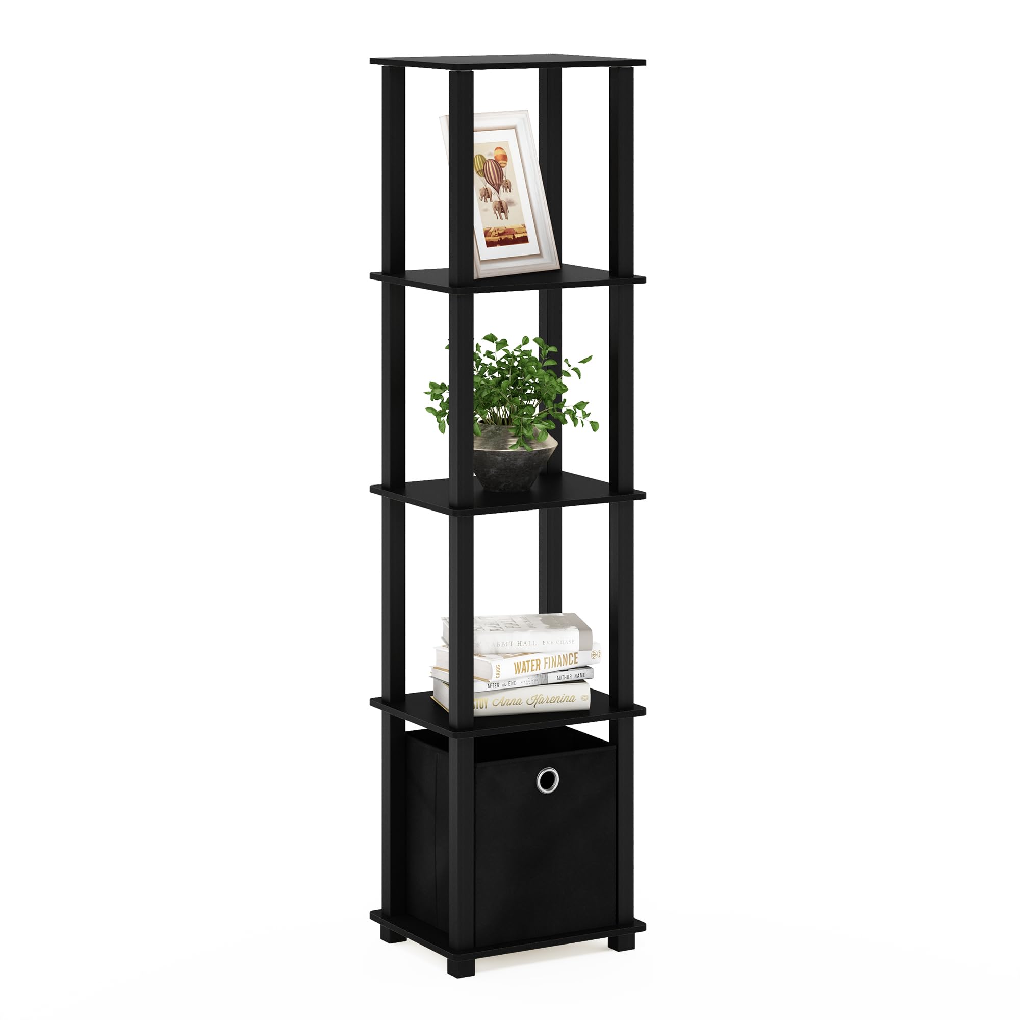 Furinno TURN-N-TUBE Book Shelf with Bin, 5-Tier Display Shelf, Open Storage Shelves, Shelving Unit, for Organization and Storage, Living Room, Garage, Home Office, Black