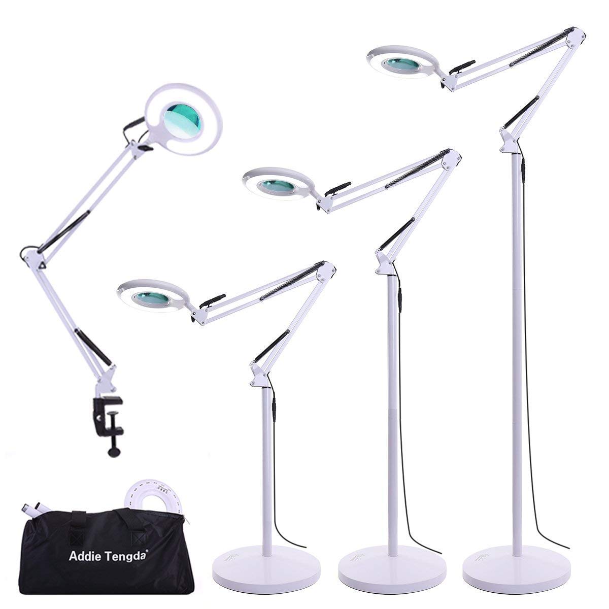 Magnifying Floor Lamp, Addie 4-in-1 Stepless Dimming Super Bright 8X Facial Magnifier Light with Utility Clamp, Full Spectrum Natural Daylight LED Standing and Swivel Arm Light-for Reading Task-White