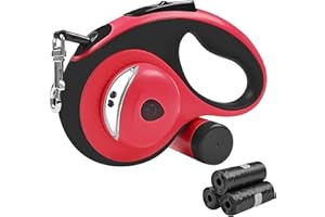 Huhaneon Retractable Dog Leash with Waste Bag Dispenser and Flashlight, 26ft Dog Leash for Small Medium and Large Dogs up to 110lbs, One Button Break & Lock,360°Tangle Free, Soft Anti Slip Grip,Red