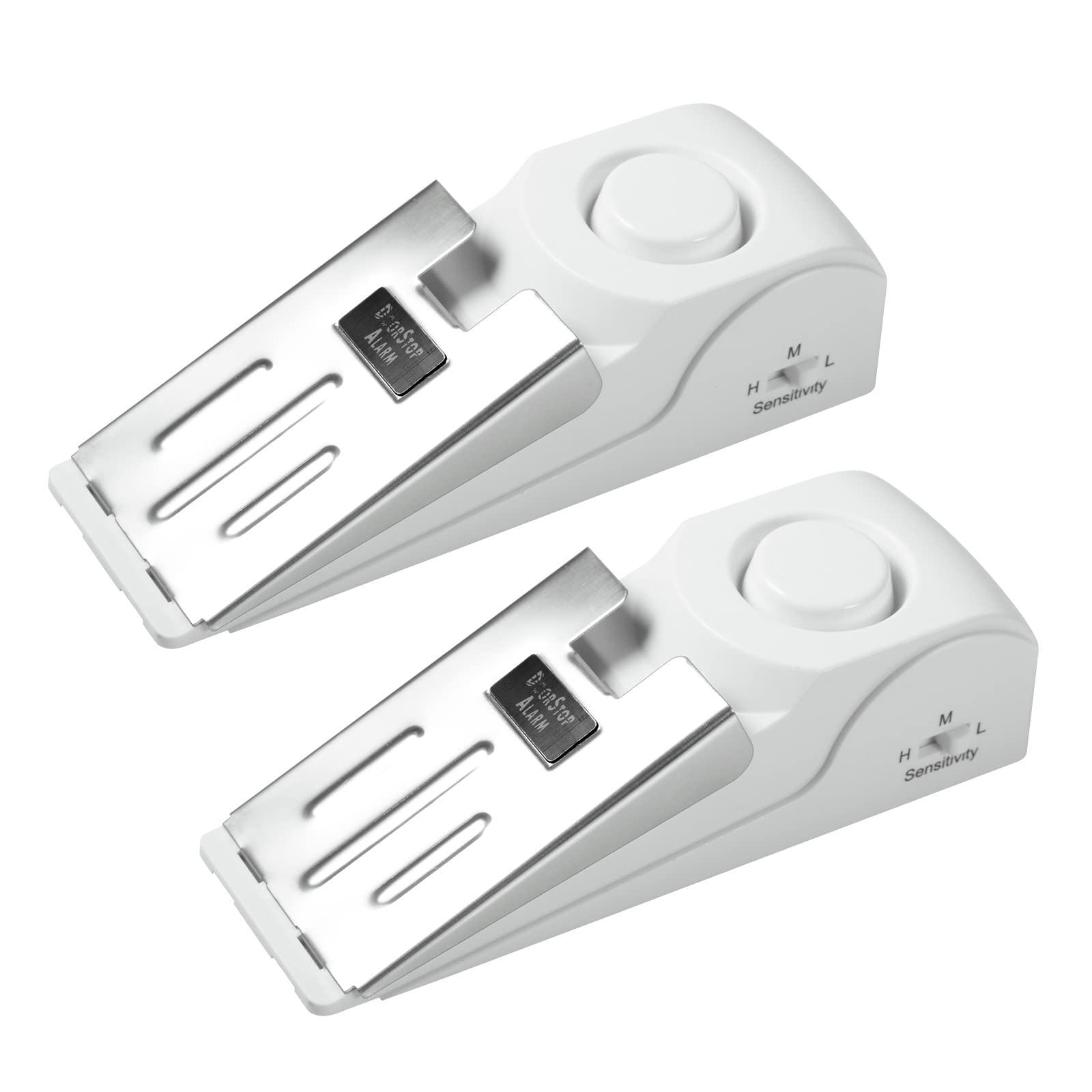 Fuers Door Stop Alarm, 2-Pack Portable Door Stop Alarm Wedge-Shaped Door Security Alarm with Non-Slip Rubber, Loud and Adjustable Sensitivity Lightweight, Suitable for Home Hotel Travel, White