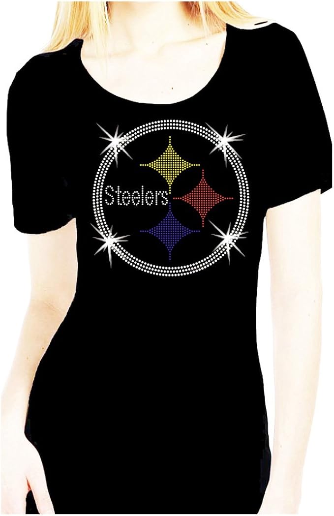 Steelers Football Rhinestone Womens Scoop Bling Tee Shirt (Medium