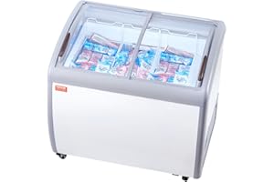 VEVOR Commercial Ice Cream Display Case, 9.3 Cu.ft Chest Freezer, Mobile Glass Top Deep Freezer, Restaurant Gelato Dipping Cabinet with 3 Wire Baskets, 2 Sliding Glass Doors, Locking Casters, White