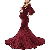 Saslax Long Chiffon Sleeve Tired Mermaid Maternity Dress for Photoshoot Photography Baby Shower