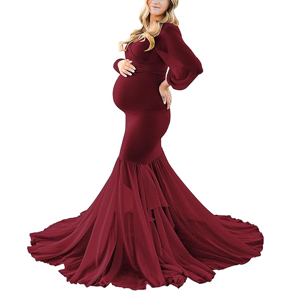 Women Ruched V Neck Long Sleeve Tulle Maternity Dress Chiffon Casual  Elegant Fitted Photography Gown Slim Fit Flowy Wedding Party Beach Pregnancy  Maxi Dress for Baby Shower Photo Shoot Burgundy Medium at