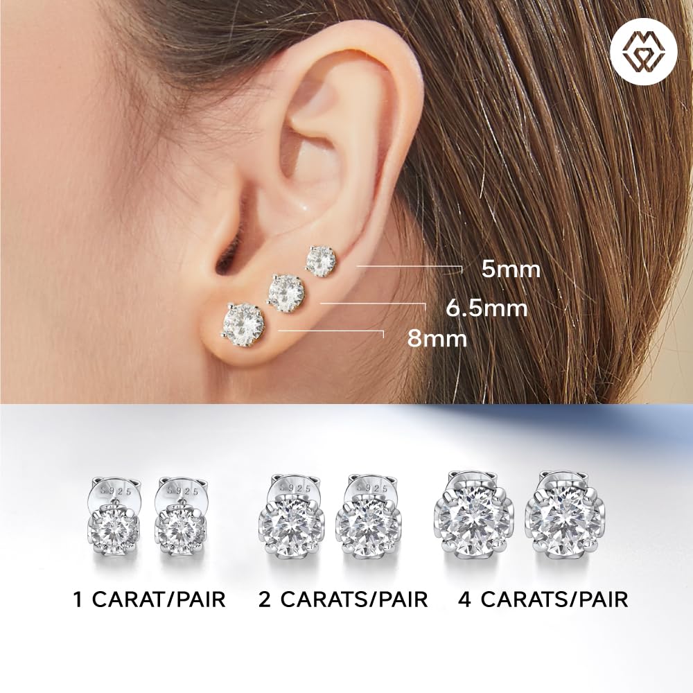 Moissanite Stud Earrings - D Color VVS1, 2 Ct Total, 18K Gold Plated 925 Sterling Silver, Hypoallergenic