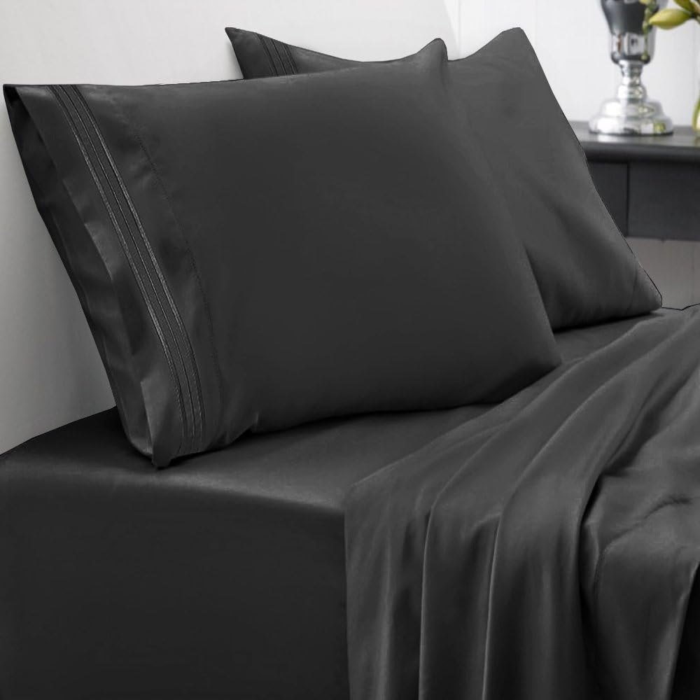 1800 Thread Count Sheet Set – Soft Egyptian Quality Brushed Microfiber Hypoallergenic Sheets – Luxury Bedding Set with Flat Sheet, Fitted Sheet, 2 Pillow Cases, Queen, Black: Home & Kitchen