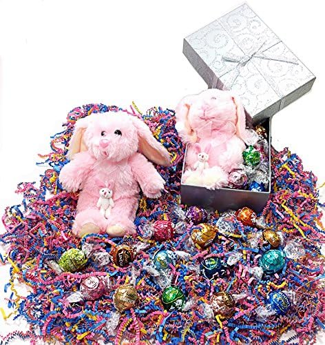 Easter Basket Gift Box - Lindt Lindor Gourmet Truffles Chocolate Candy &amp; Stuffed Animal - Pink Bunny Rabbit