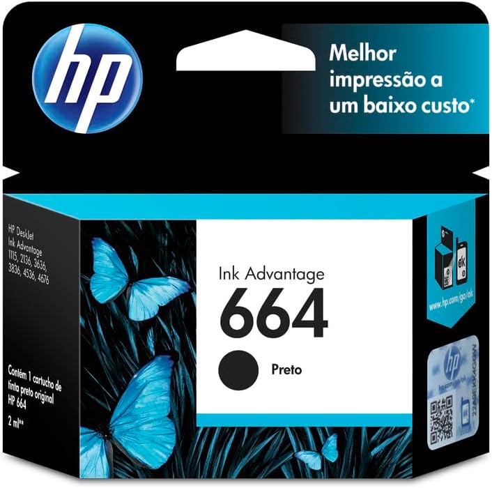 Cartucho de Tinta HP 664 Original | Preto, F6V29AB, Para Impressora Deskjet 2136, 2676, 3776, 5076, 527