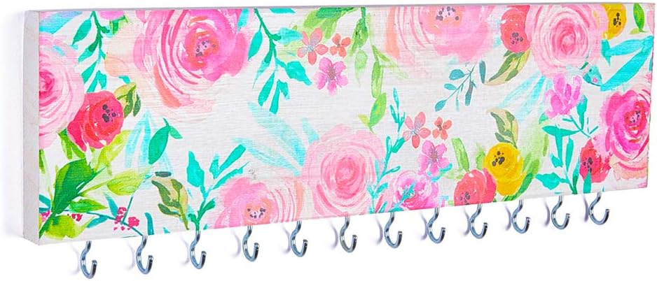 Basumee Jewelry Organizer Wall Mounted for Girls Necklace Holder Wooden with 12 Metal Hooks, Pink Floral