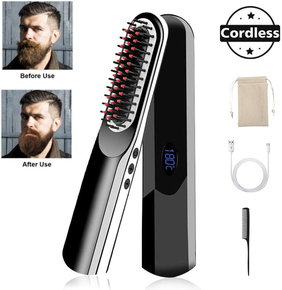 Hair Straightening Brush, Beard Straightener Brush [New Upgraded] USB Rechargeable Cordless, Portable Ionic Hair Straightener Brush Travel for Men/Women, Multi-functional Styling Comb