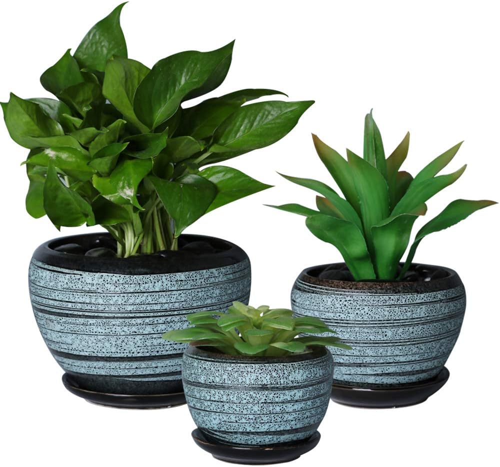 SQOWL Blue Flower Pots Round Ceramic Succulent Herbs Cactus Planters
