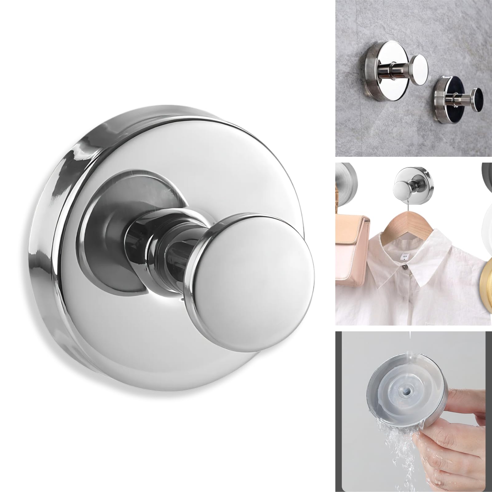 Boxonly No-Drill Suction Hooks, Stainless Steel Waterproof Hooks for Bathroom, Shower, Kitchen, and Mirrors – Heavy Duty Towel Holders (Multipack, Glossy Silver)