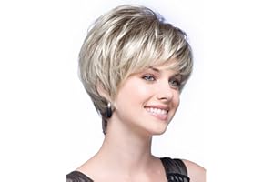 SEVENCOLORS Short Blonde Pixie Cut Wigs for White Women Blonde Mixed Brown Synthetic Wigs Natural Looking Short Hair Wig with Bangs