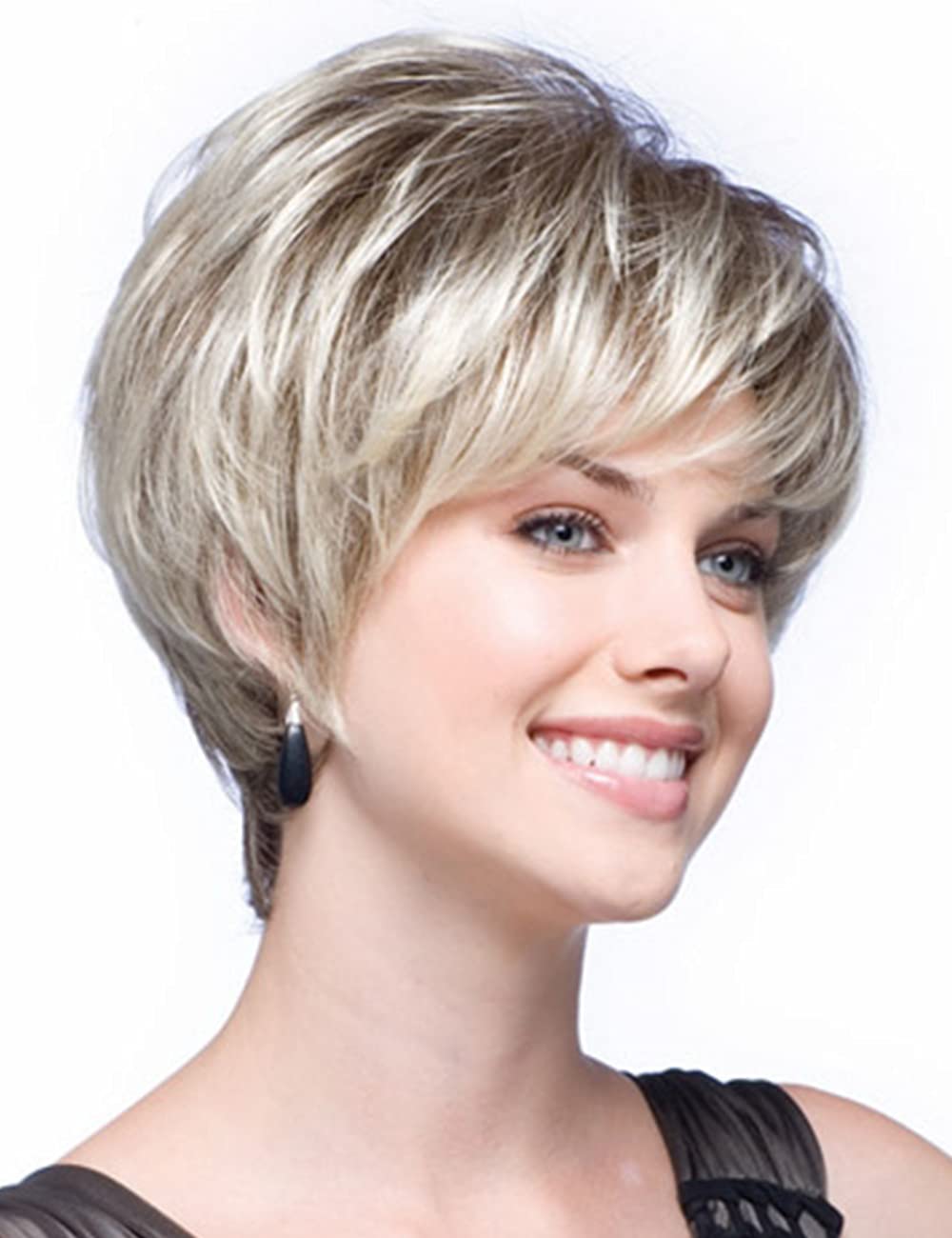 Photo 1 of SEVENCOLORS Short Blonde Pixie Cut Wigs for White Women Blonde Mixed Brown Synthetic Wigs Natural Looking Short Hair Wig with Bangs