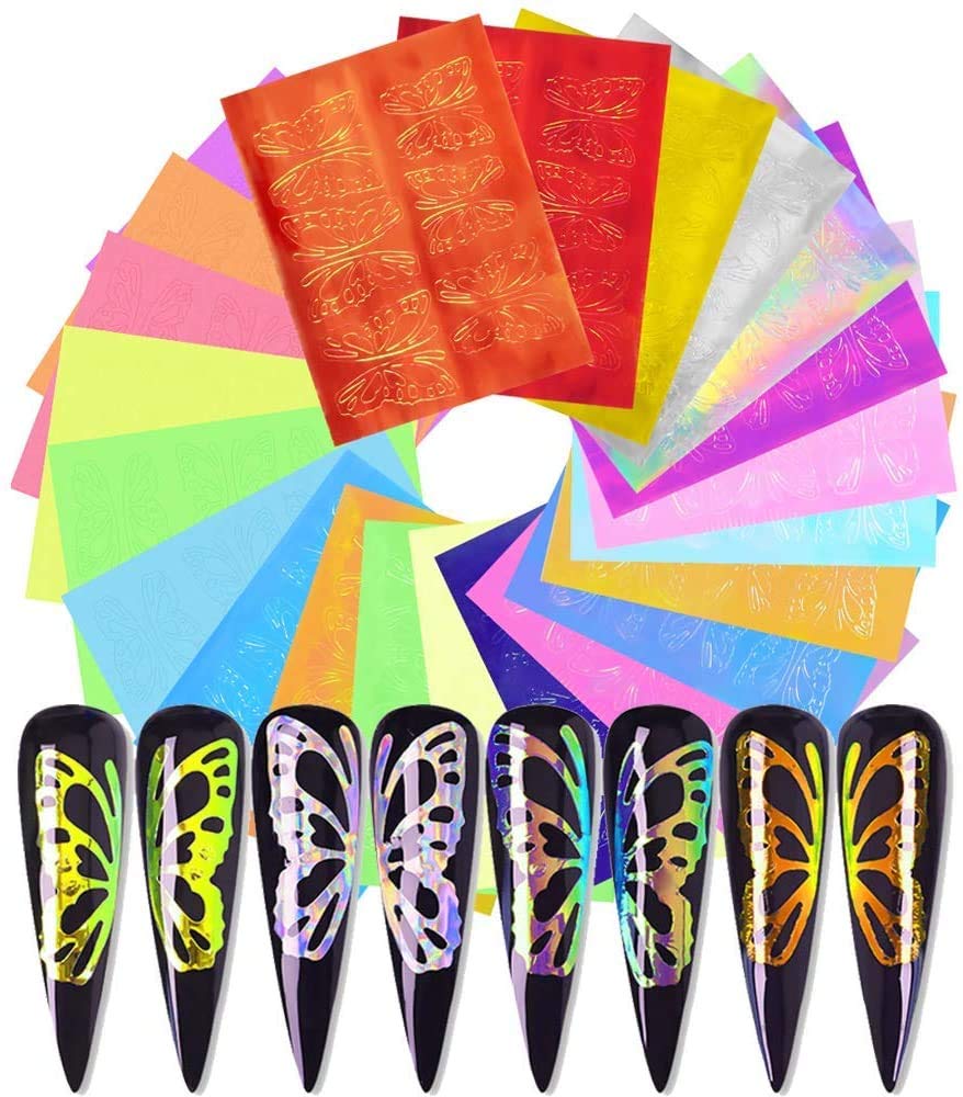 Butterfly Reflections Nail Stickers - 16 Sheets Holographic Butterfly Wings Nail Art Decals 3D Vinyls Nail Stencil for Nails Manicure Tape Adhesive Foils DIY Decoration