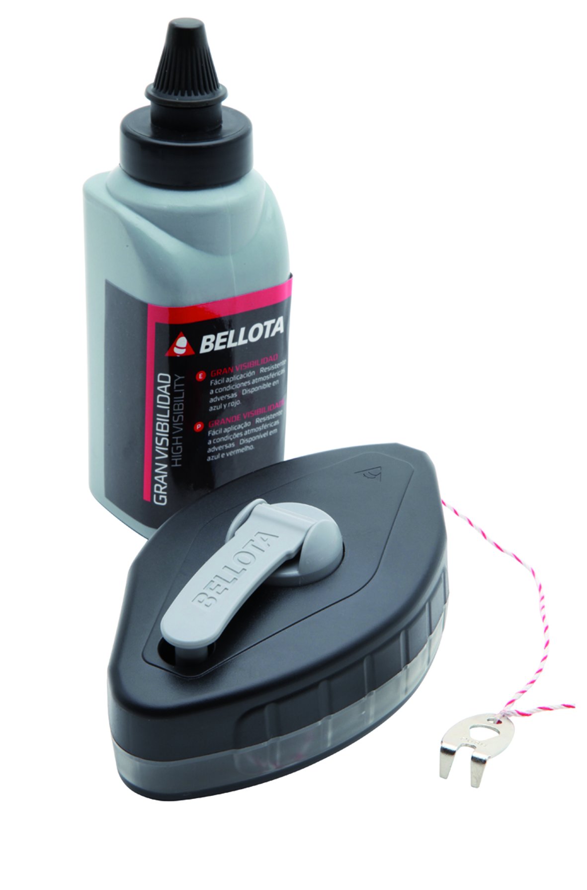 Bellota 50222 Chalk Line Reel Kit with semi-clear plastic casing so the user can see how much tracing chalk is left + container of blue tracing chalk 113 g