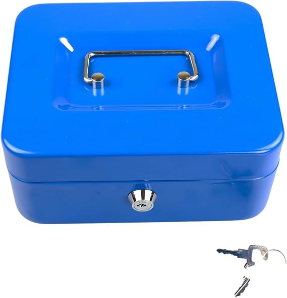 Store2508 Metal Cash Box with Key Lock, 20 * 16 * 9 cms (Blue) Amazon