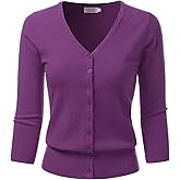 danibe Women's 3/4 Sleeve V-Neck Button Down Knit Sweater Soft Cardigan (S-XXL)