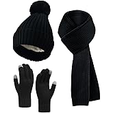 Winter Beanie Hat Scarf Gloves Set for Women, Fleece Knit Pompom Beanie Neck Warmer Long Scarf Touchscreen Gloves 3 in 1 Set
