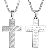 HattiDoris American Flag Cross Necklace for Men Stainless Steel Box Chain 22+2 inch Inspirational Bible Verse Cross Pendant Patriotic Jewelry Personalized Christian Gift for Men