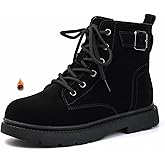 XHOGNLS Women'S Platform Suede Combat Ankle Boots Comfort Round Toe Side Zip Buckle Strap Chunky Low Heel Lug Sole Fall Lace-Up Short Booties