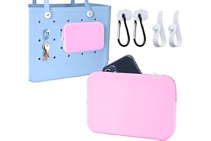 Raymall Zipper Pouch for Bogg Bag, Phone Holder Accessories for Bogg Beach Tote with 4 Key Hooks, Universal Silicone Phone Pouch Wallet Compatile with Simple Modern Bag L/XL Pink