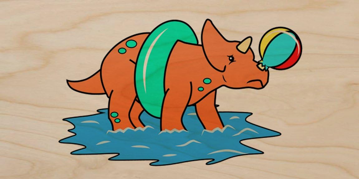Plywood Wood Print Poster Wall Art - Triceratops Pops Beach Ball and is Sad Ocean Fun Cute