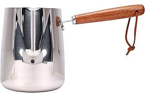 ZAWELIYO Stainless Steel Milk Frothing Pitcher with Wood Handle Spout for Coffee Art, Compatible with Induction Stovetops, Ea