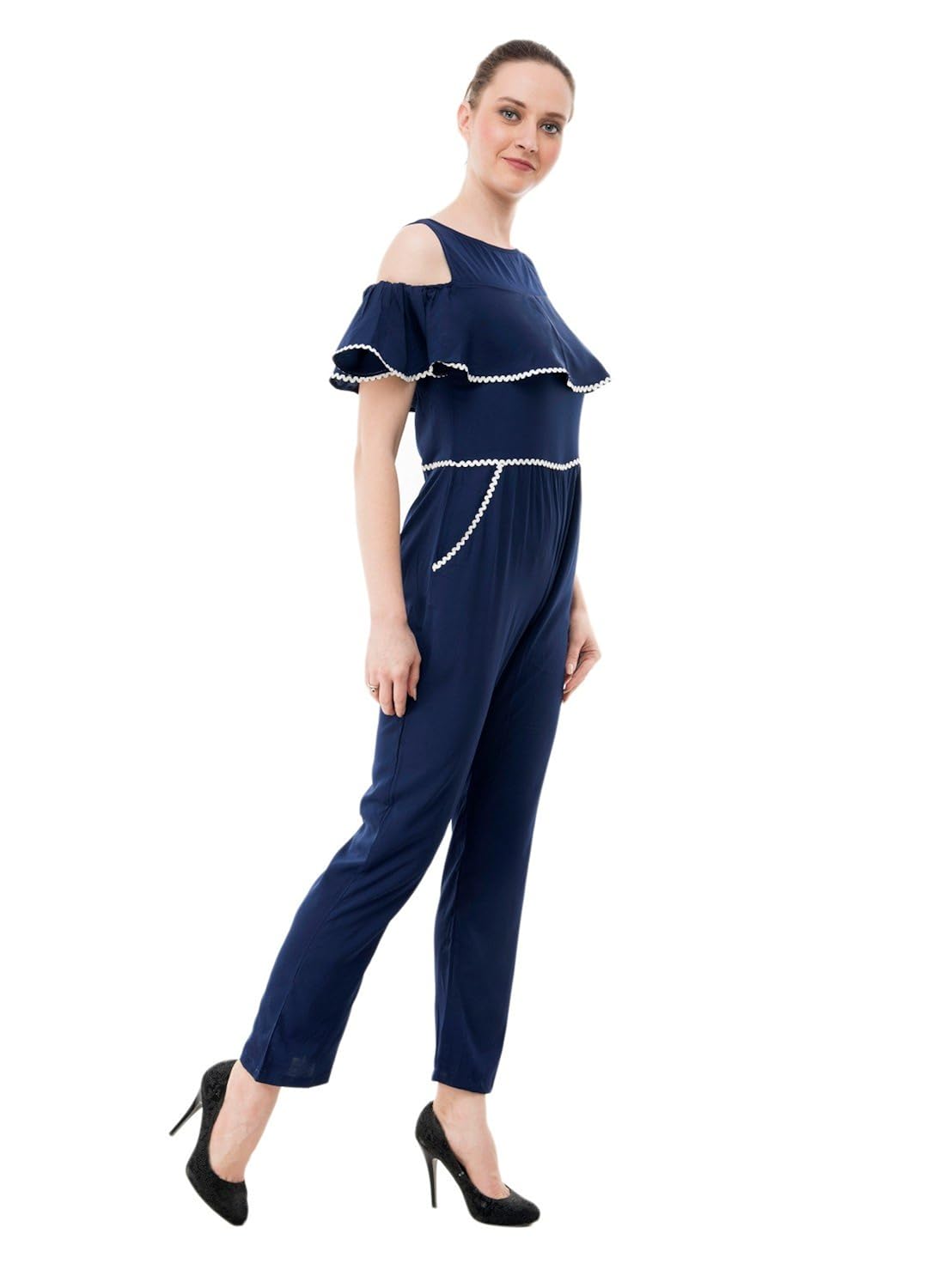 karmic vision women's crepe blue casual jumpsuit