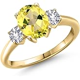 Gem Stone King 10K Yellow Gold Canary Mystic Topaz and White Created Sapphire 3-Stone Engagement Ring For Women | 2.50 Cttw | Oval 9X7MM | Gemstone November Birthstone