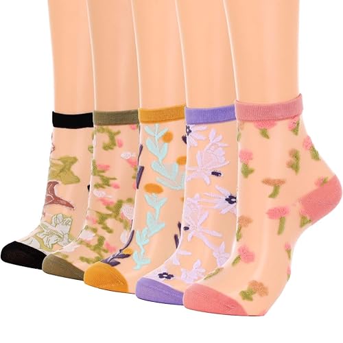 Campsis Women Sheer Socks Flower See Through Sock Cute Lace Transparent  Sock for Women and Girls(5 Pairs) in Oman Whizz Girls