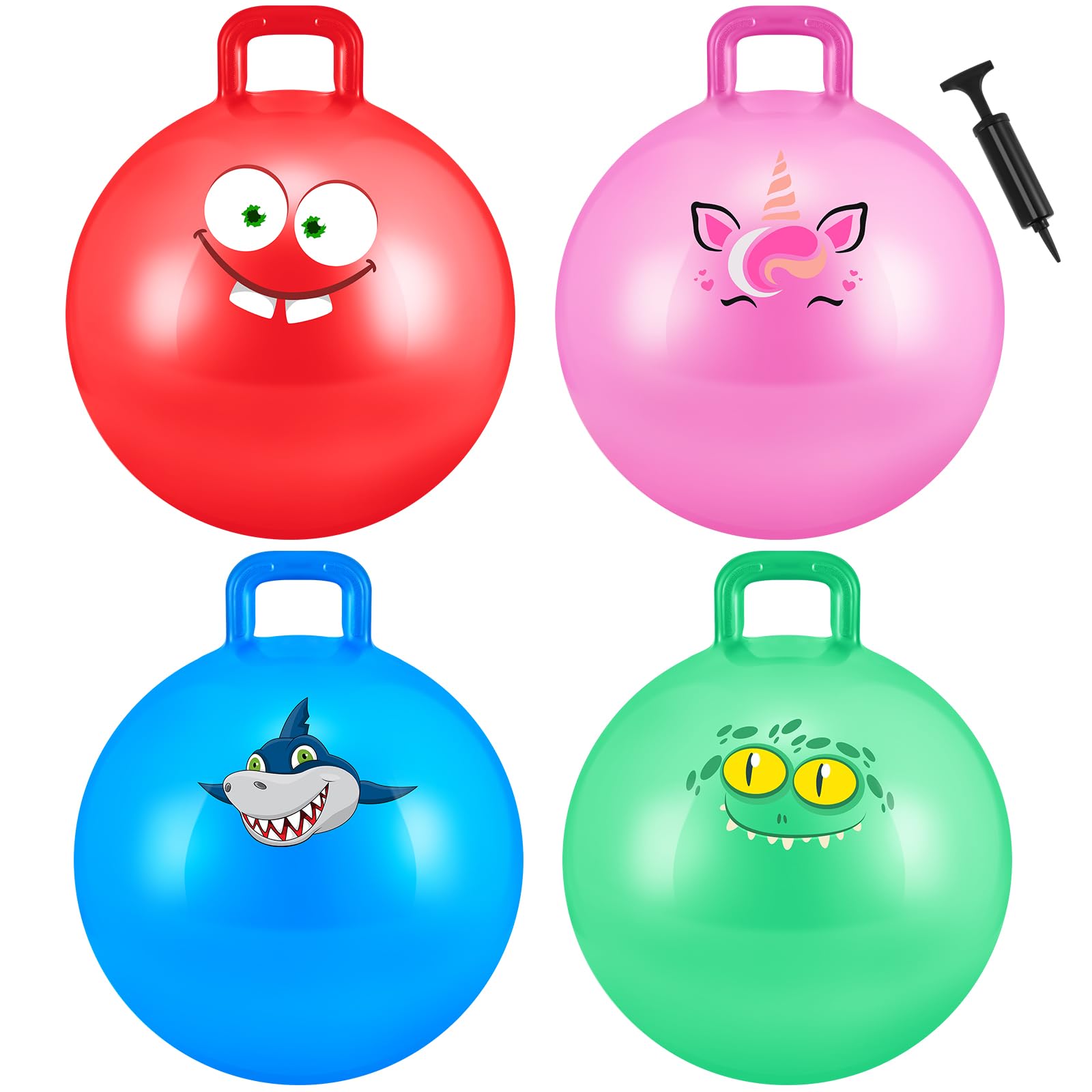 Sinmoe 4 Pcs Hopper Balls for Kids Age 3-8, 20 Inch Inflatable Jumping Bouncy Ball with Handle Hopper with Pump for Games Outdoor Indoor Sports Exercise