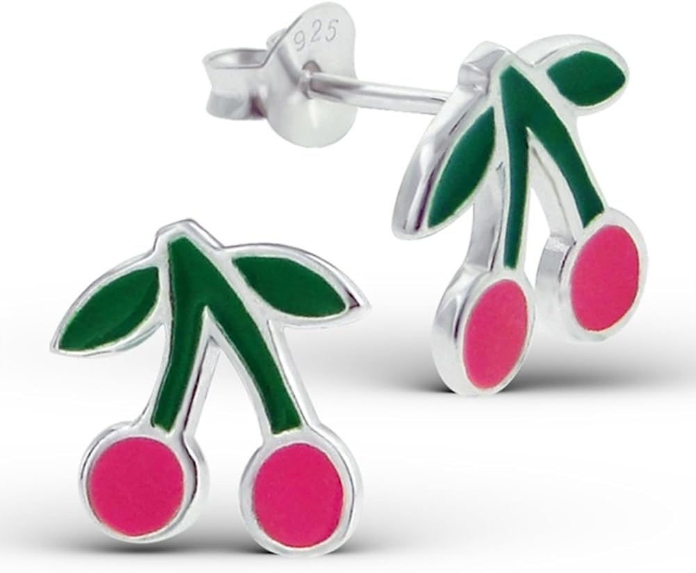 Amazon.com: Pink Cherry Earrings Girls Children Silver Studs Earrings ...