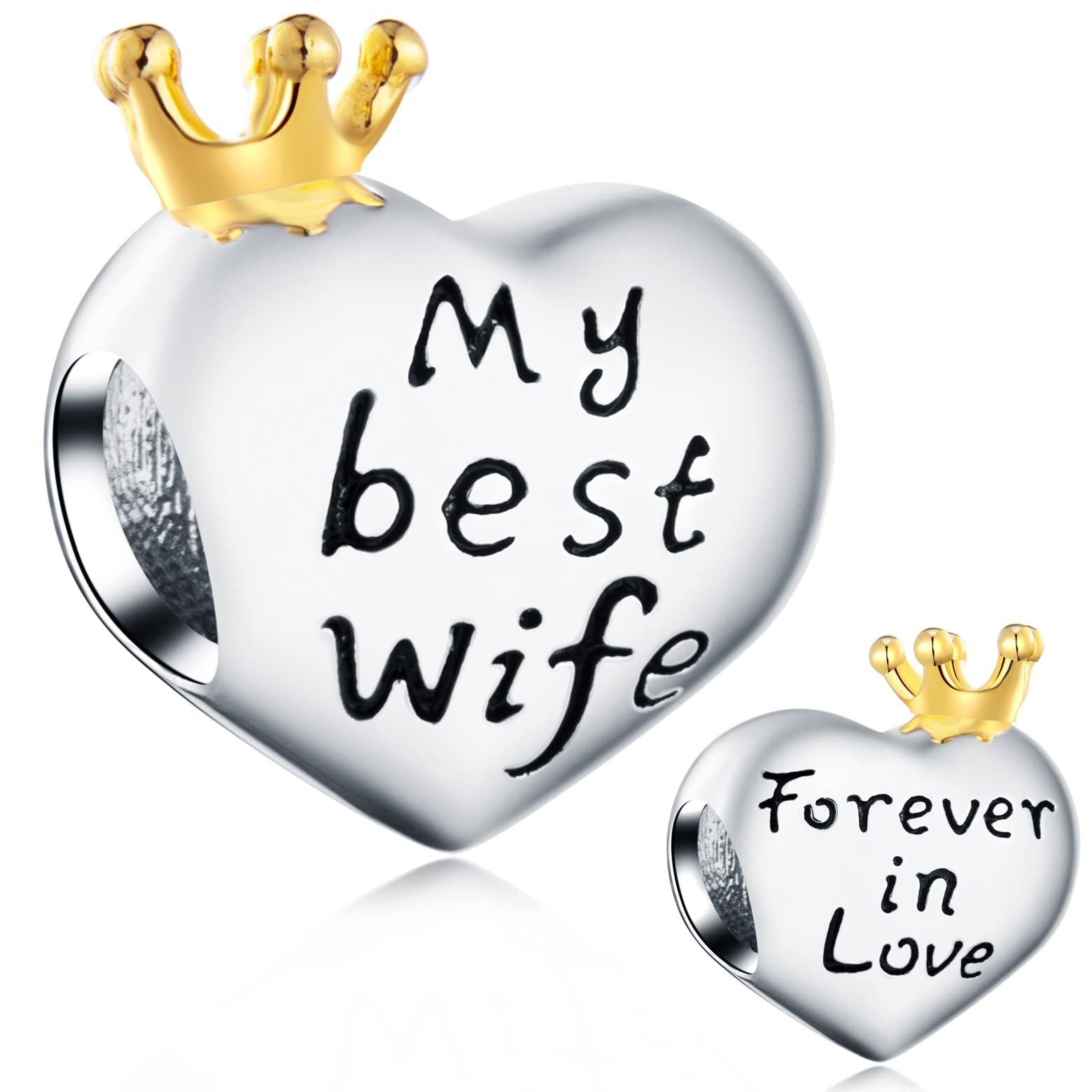 Forever in Love My Best Wife Heart Charms with Gold Crown, fits Pandora Valentines Day Bracelet, 925 Sterling Silver My Beautiful Wifey Beads, Gift for Bride/Wedding/Anniversary